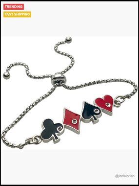 Adjustable Poker Card Charm Bracelet Stainless Steel 4 Suits